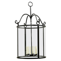 Black metal and glass rustic hall lantern, top view.