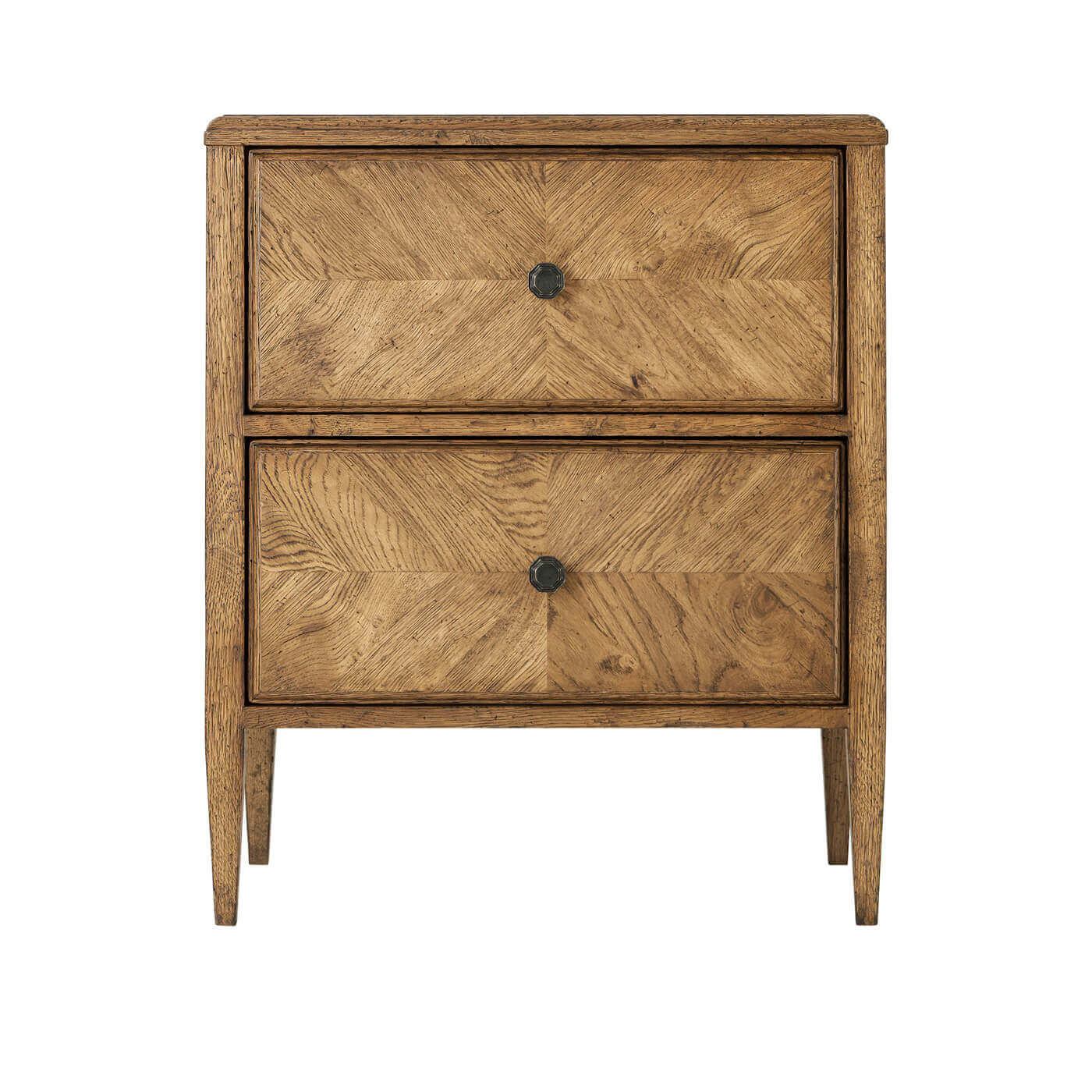 Front view of rustic light oak nightstand closed drawers.