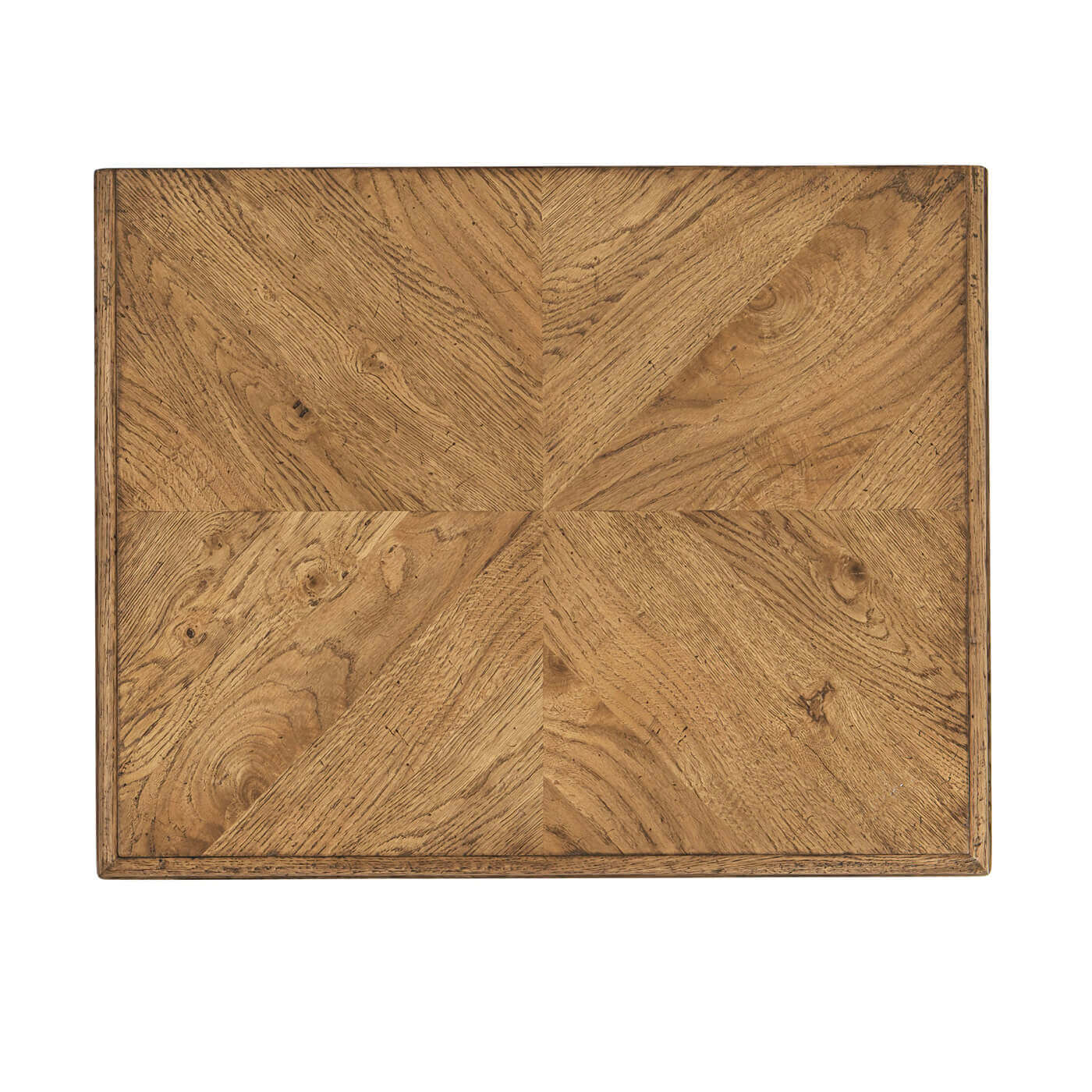 Top view of rustic light oak nightstand surface.