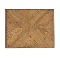 Top view of rustic light oak nightstand surface.