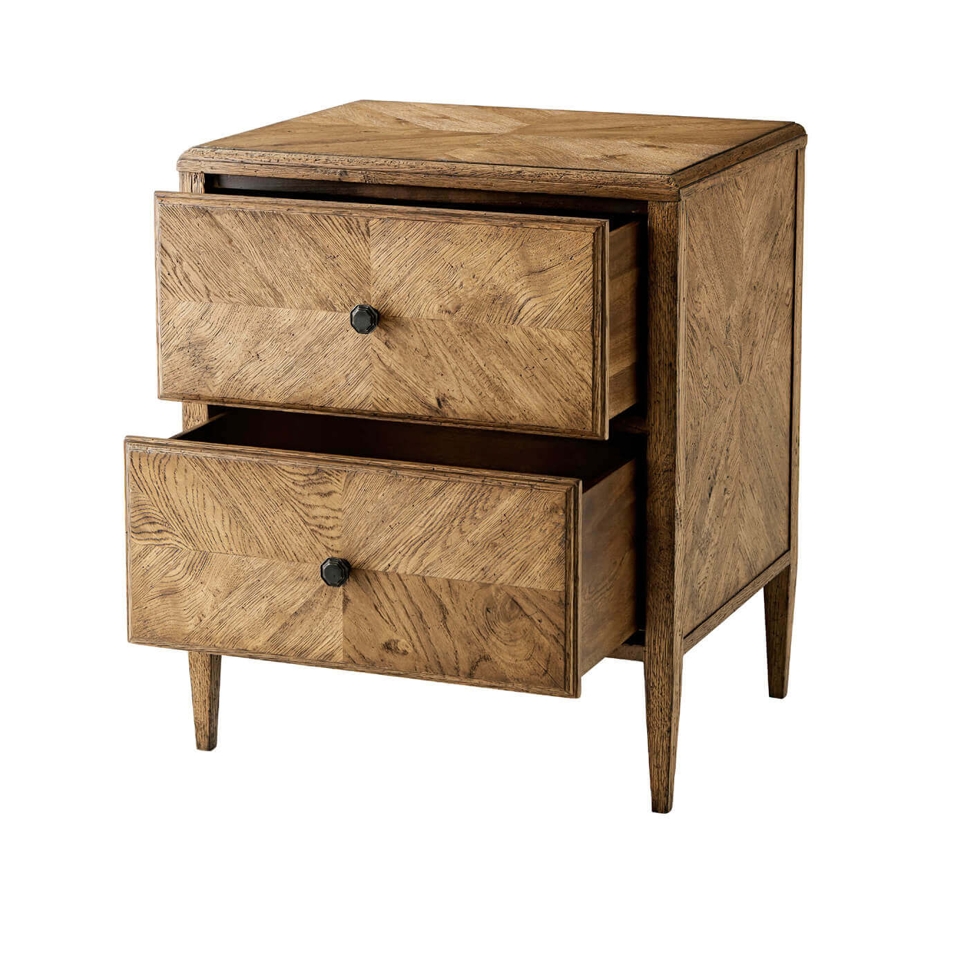 Rustic light oak nightstand with open drawers facing forward.
