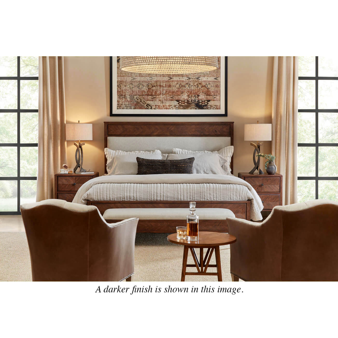 Rustic oak bedroom scene with darker finish nightstands.