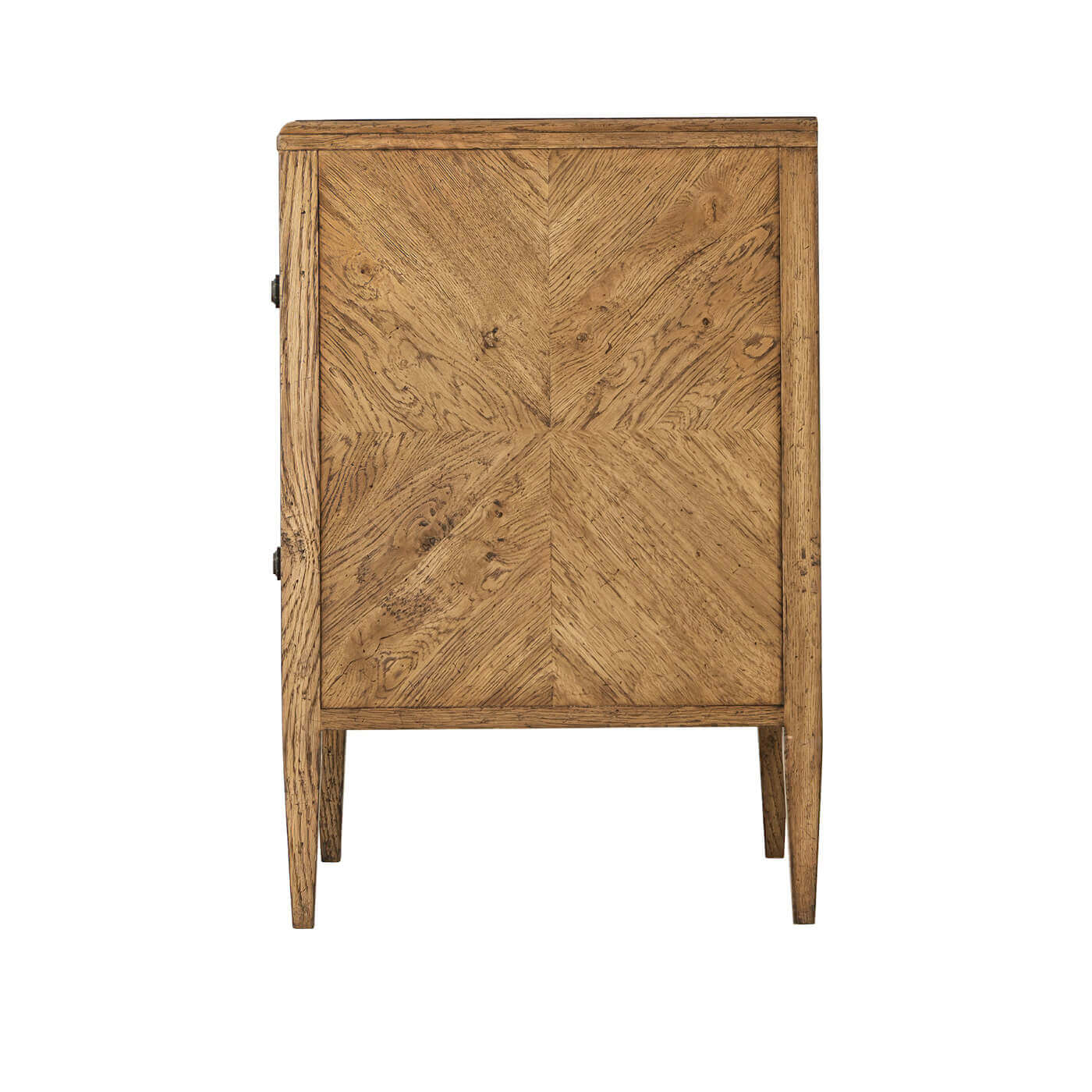 Side profile of rustic light oak nightstand.