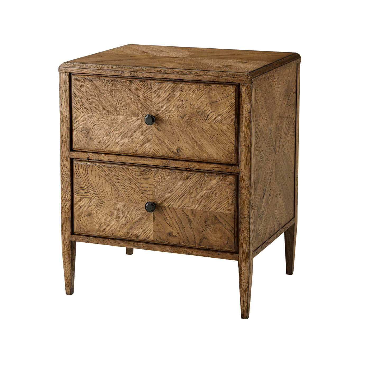 Rustic light oak nightstand with two closed drawers.