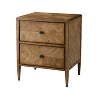 Rustic light oak nightstand with two closed drawers.