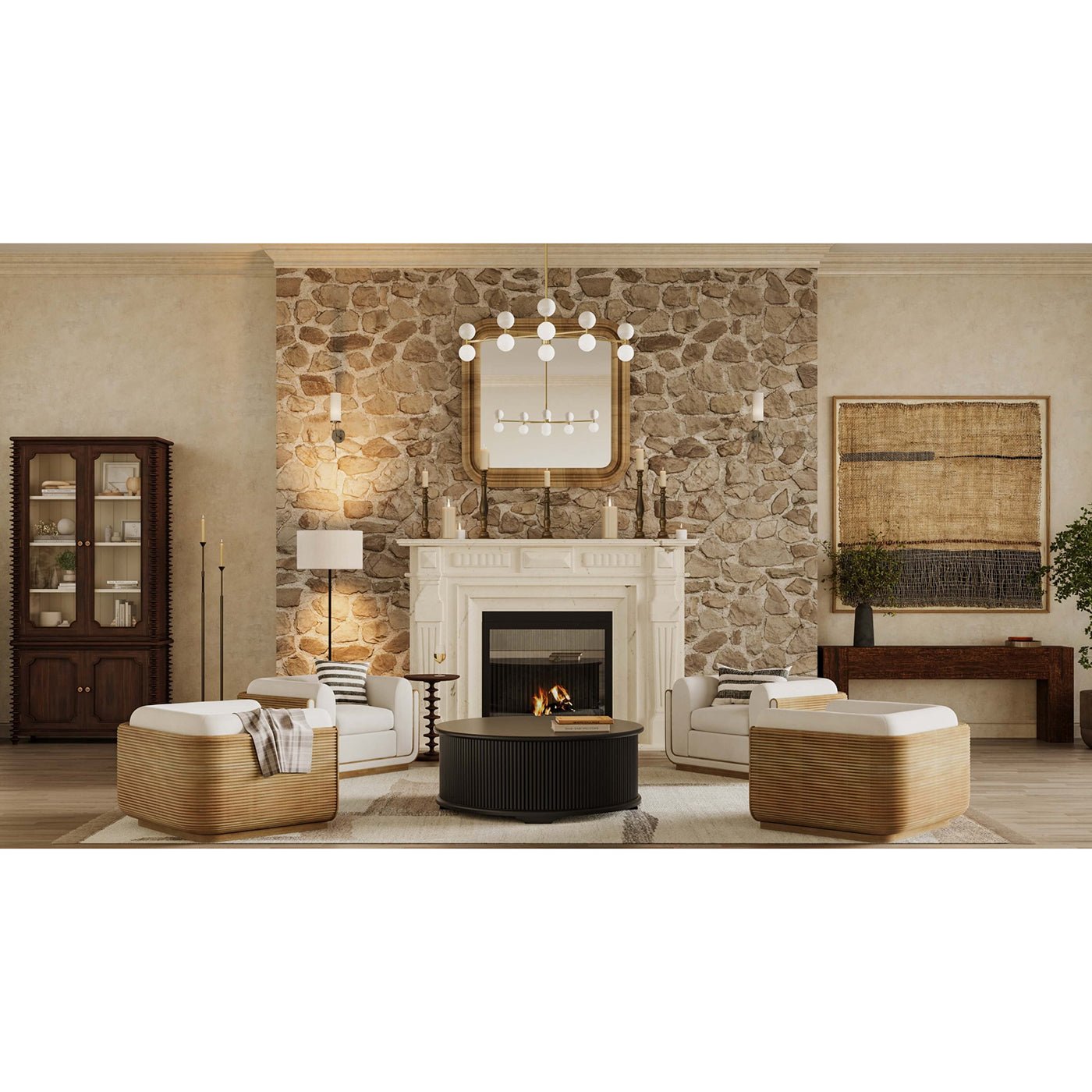 Rustic console in elegant living room setting with fireplace.