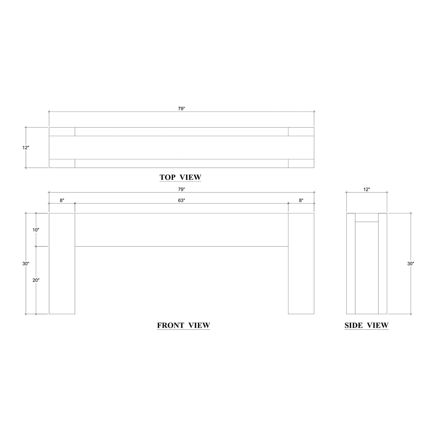 Technical drawing with dimensions of rustic minimalist console.
