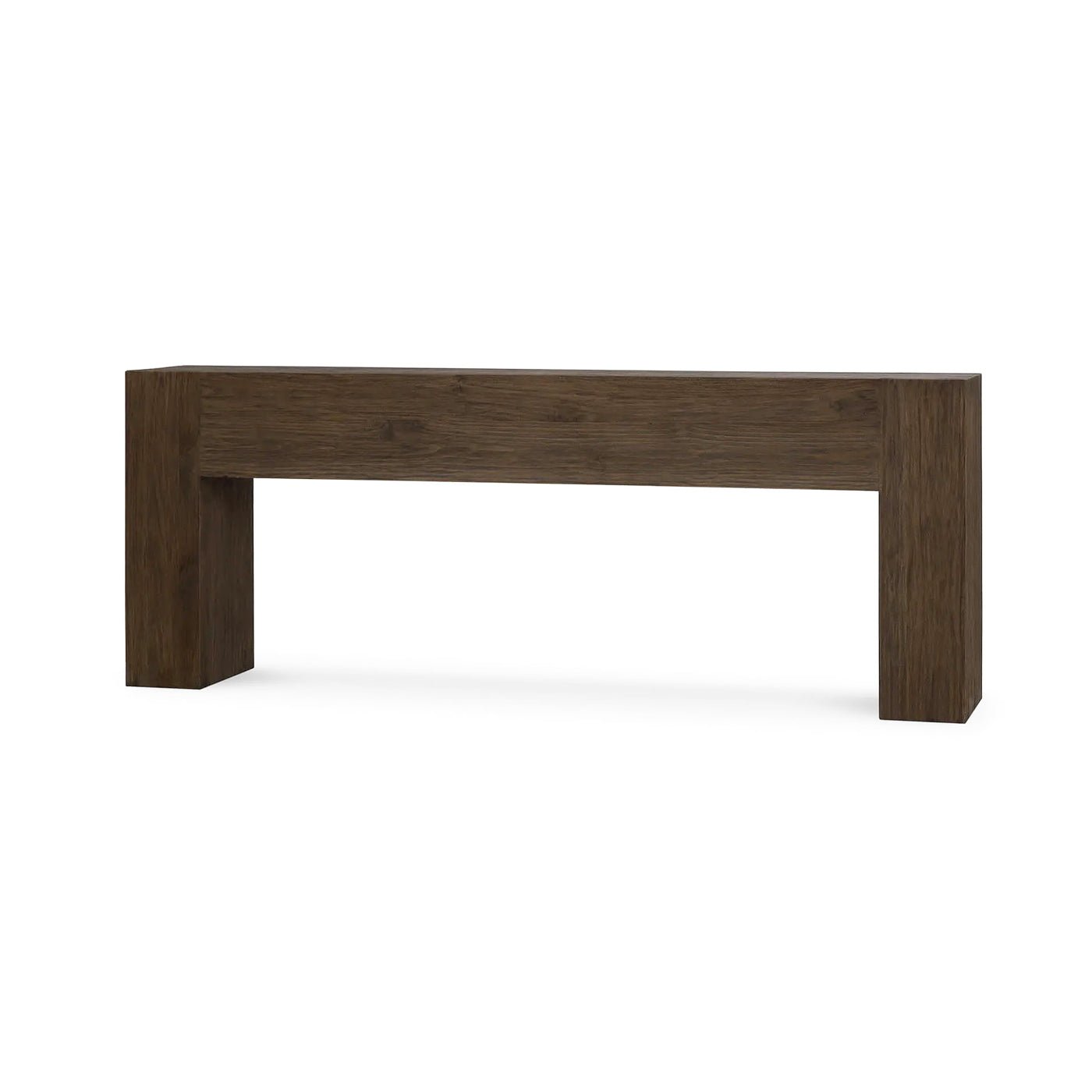 Rustic minimalist console angled view against white background.