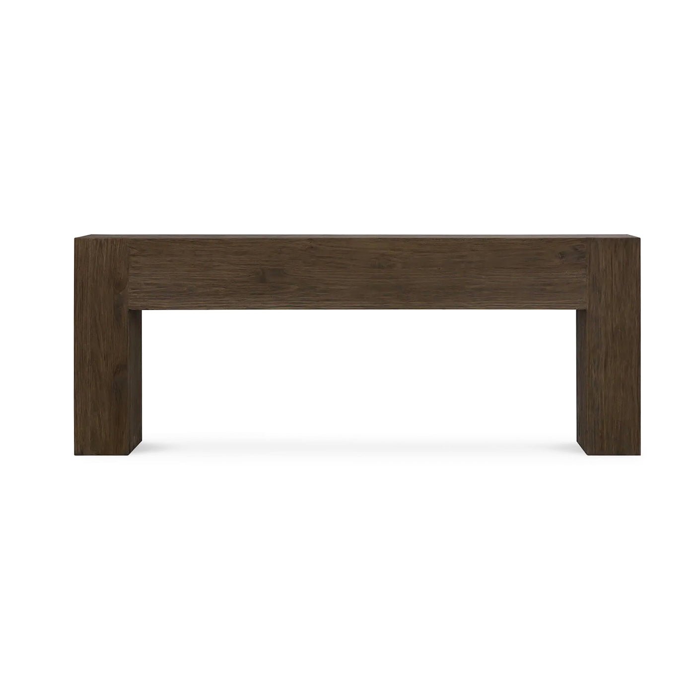 Front view of rustic minimalist console on white background.