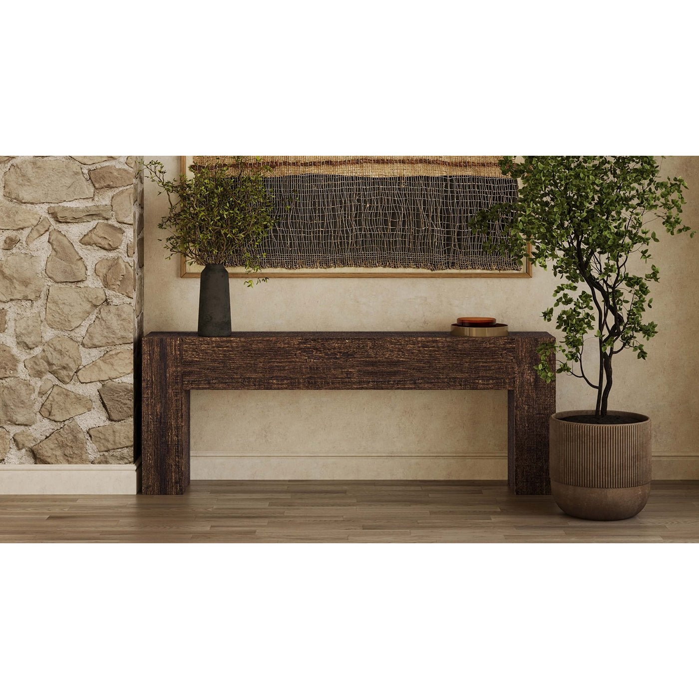 Rustic minimalist console with plants and decor in hallway.