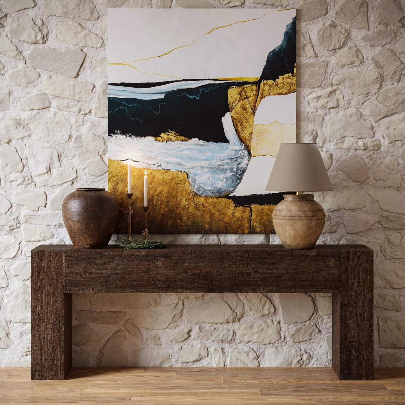 Rustic console decorated in living area with stone wall.