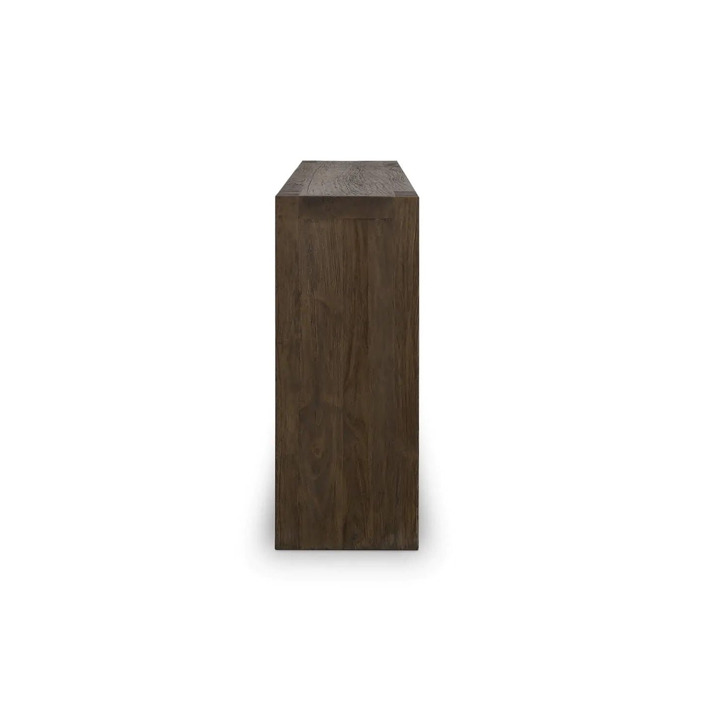 Side profile view of rustic minimalist console table.