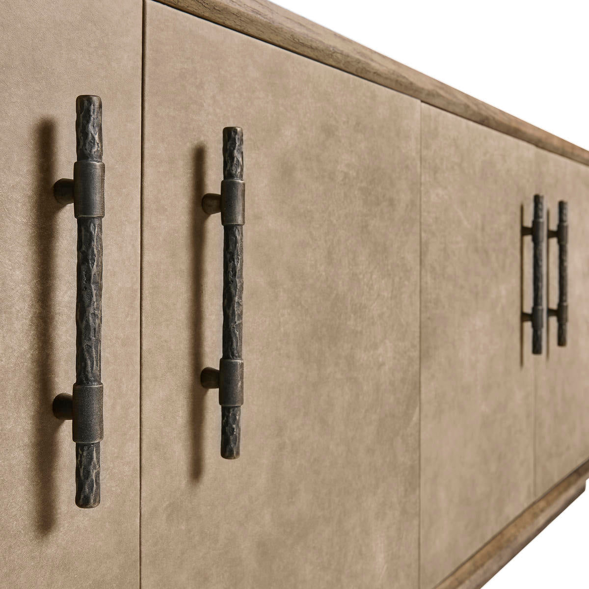 Angled view of credenza handles, rustic appeal.