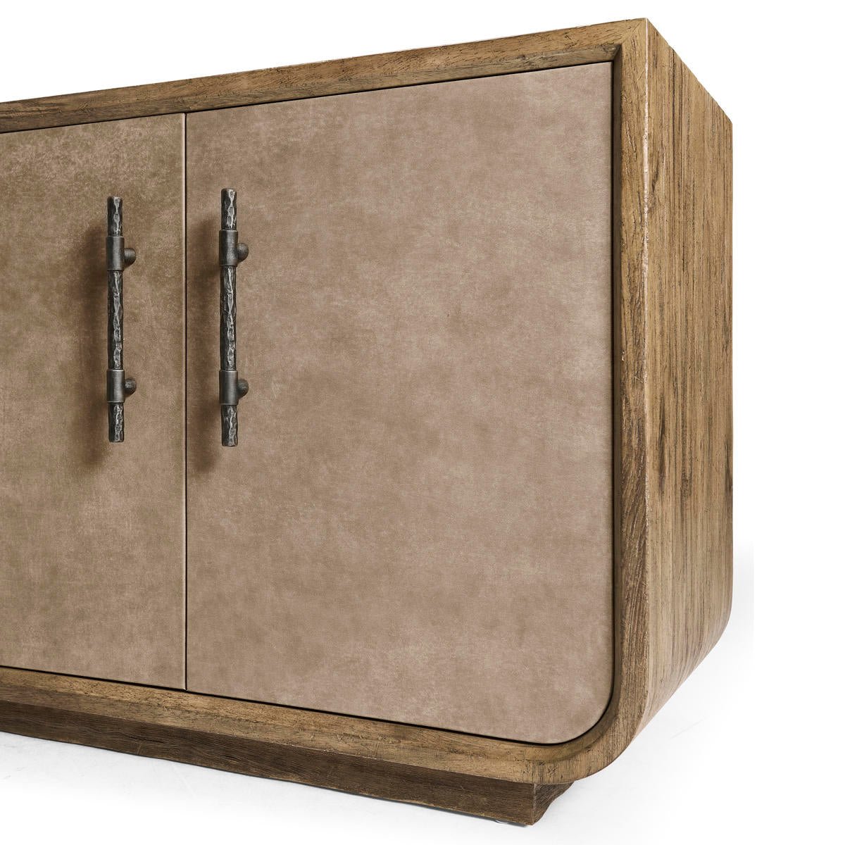 Corner view of credenza, showcases wood and leather.