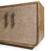 Corner view of credenza, showcases wood and leather.