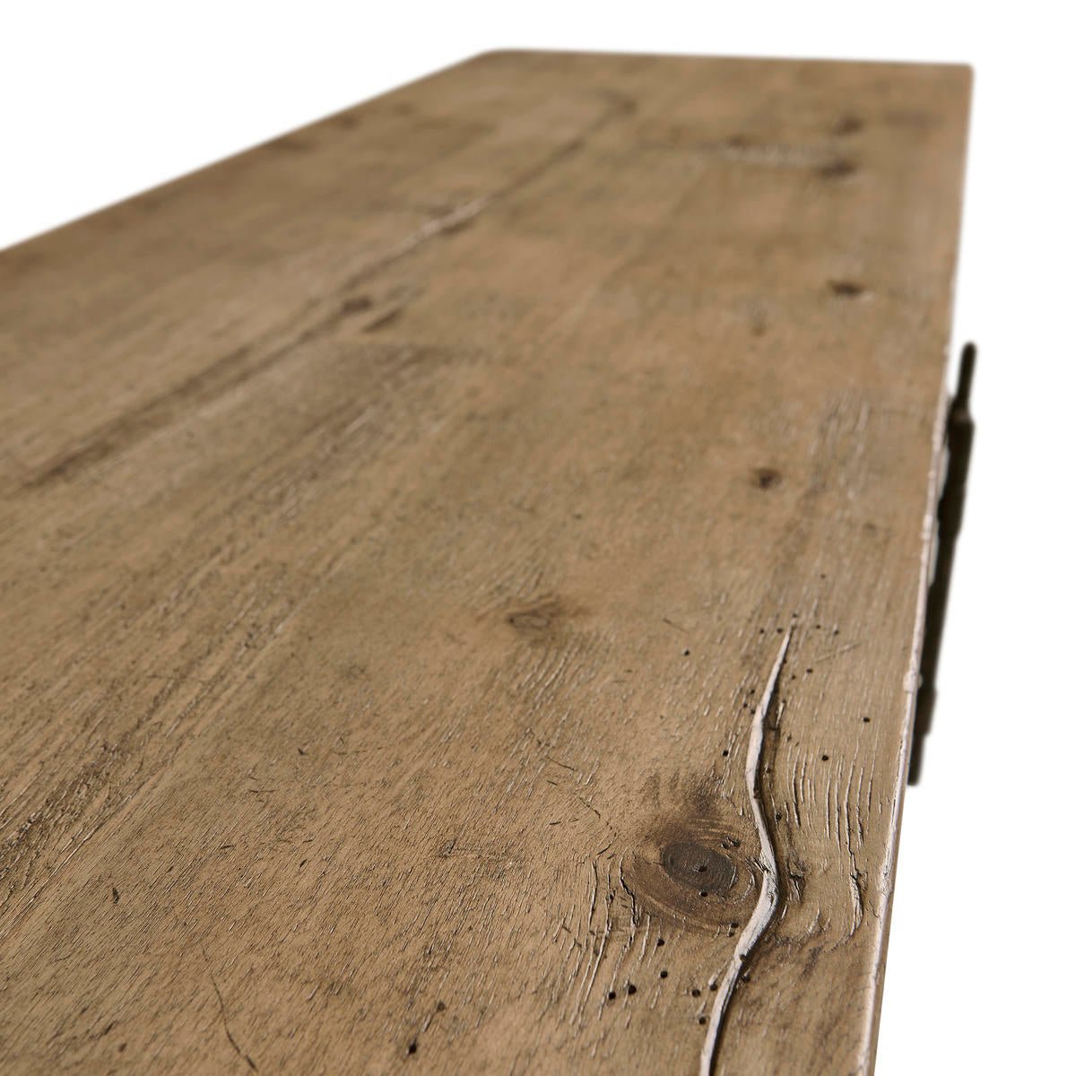 Detailed wood texture on credenza top surface.