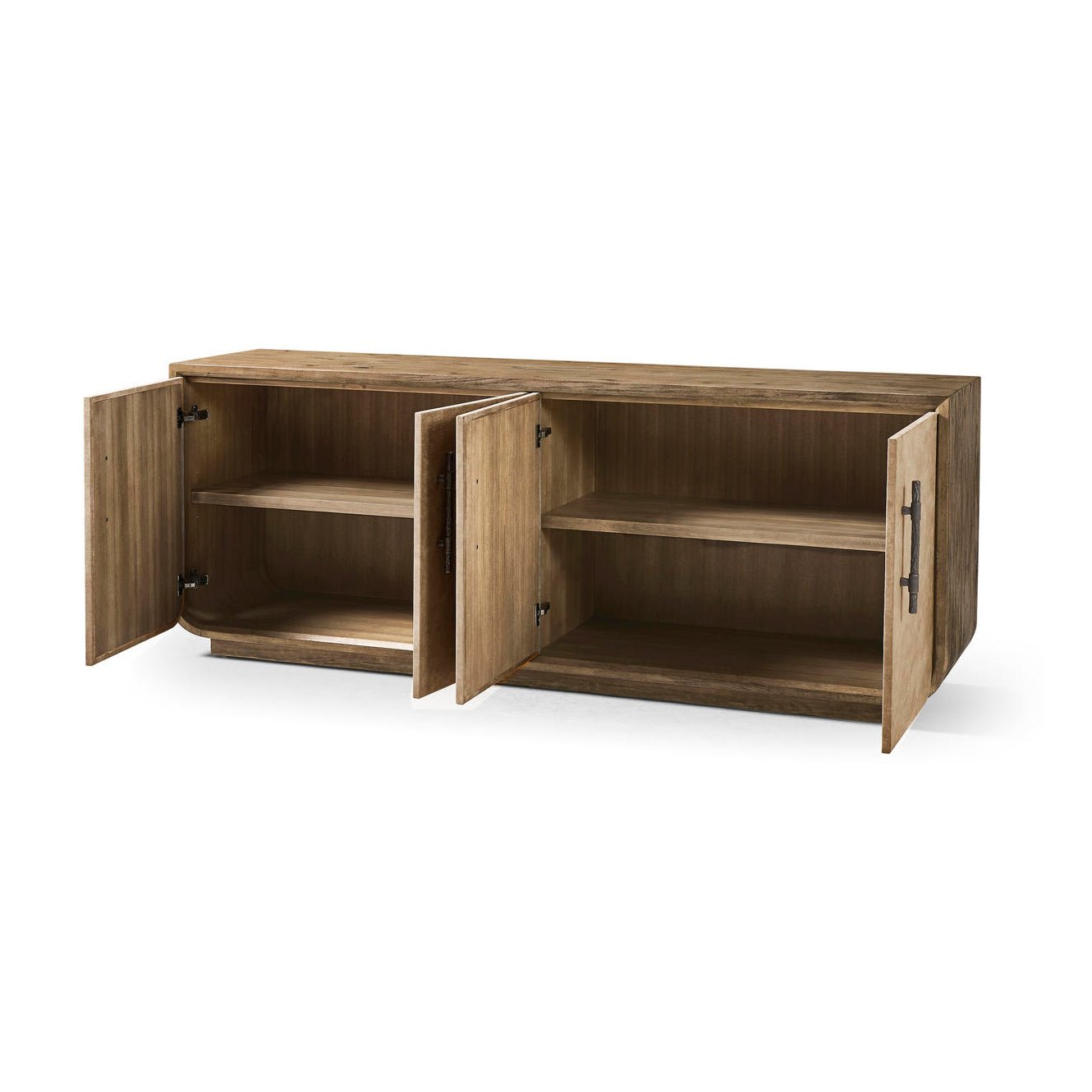 Open credenza displaying interior shelving.