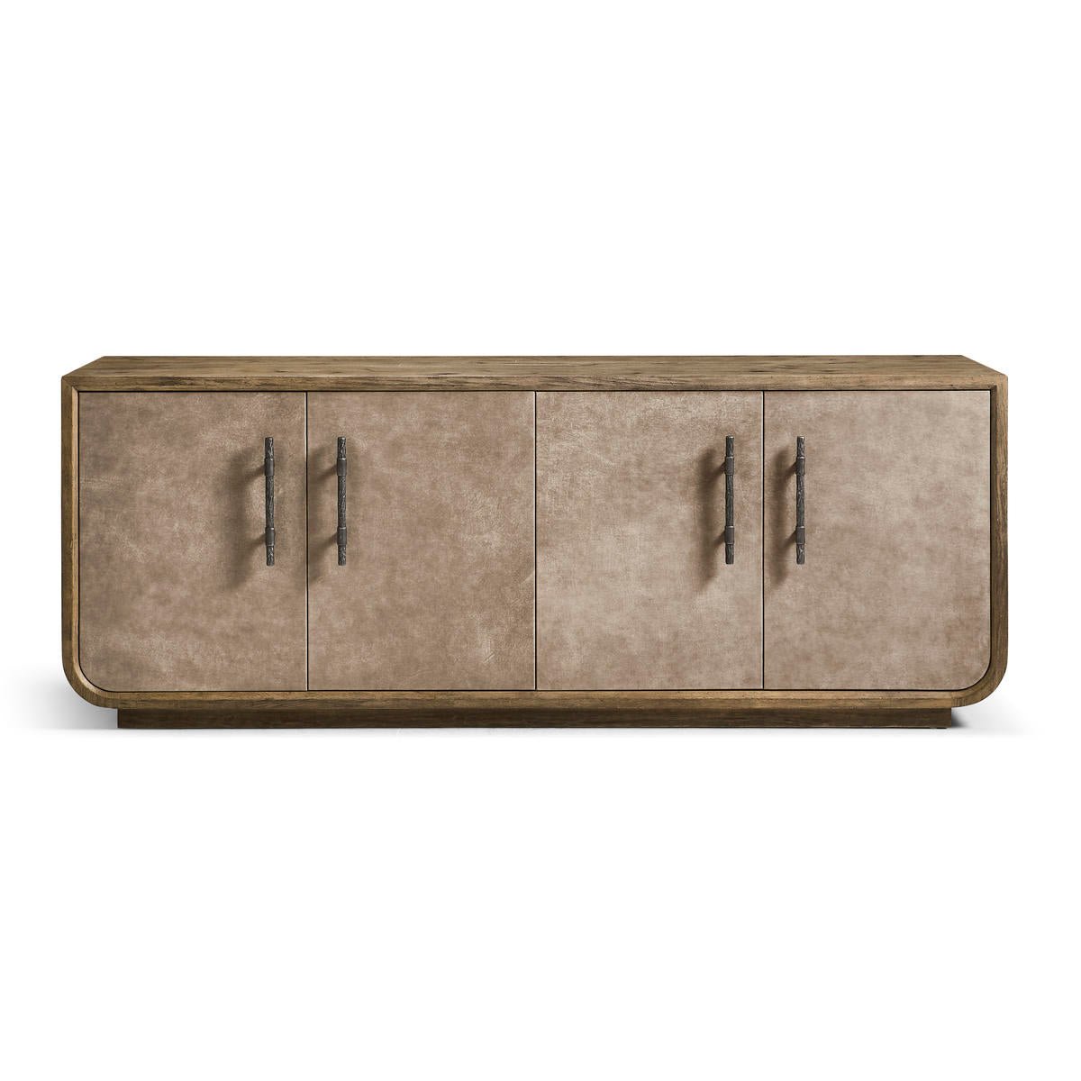 Close frontal view of leather front credenza.