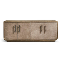 Close frontal view of leather front credenza.