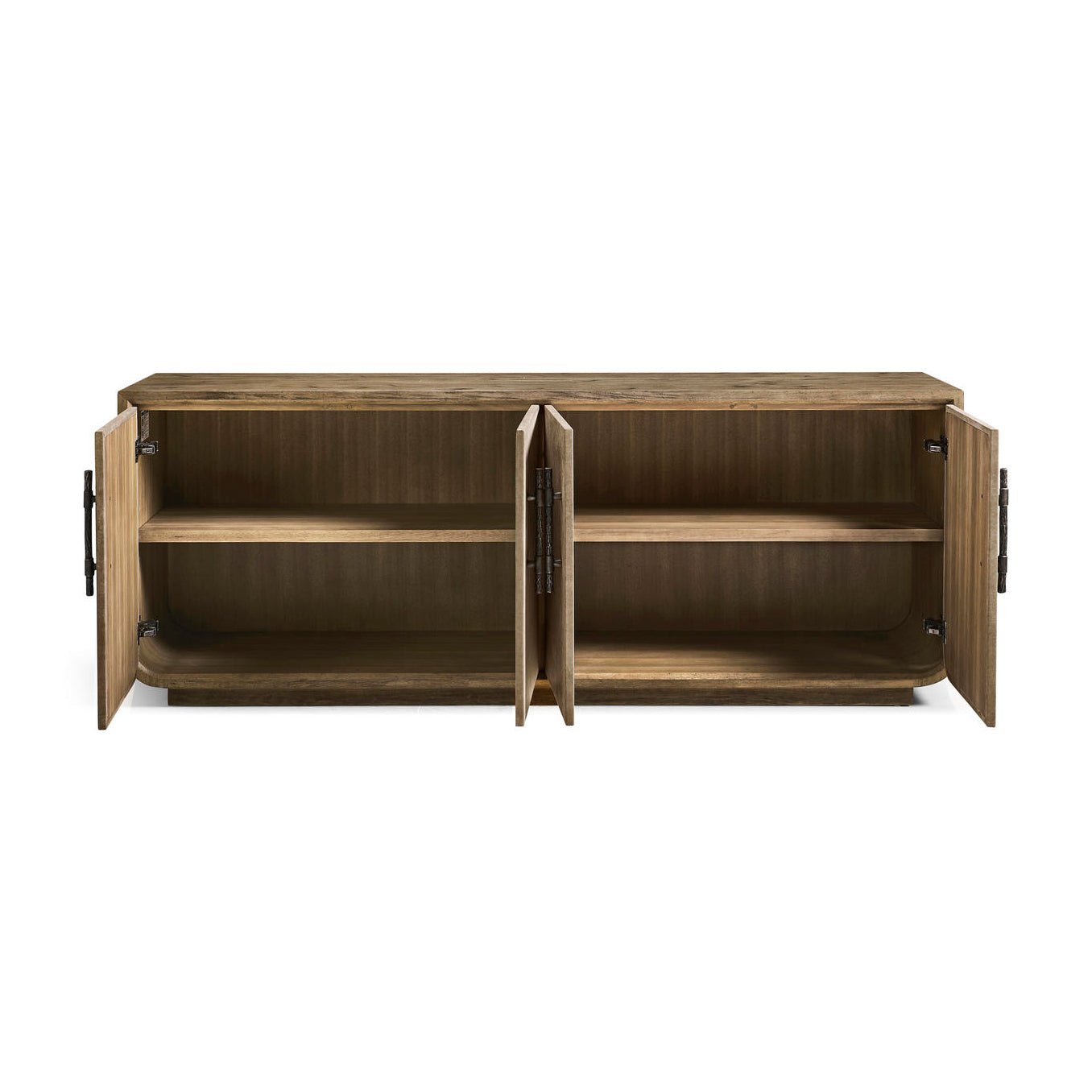 Full open view of credenza interior shelves.