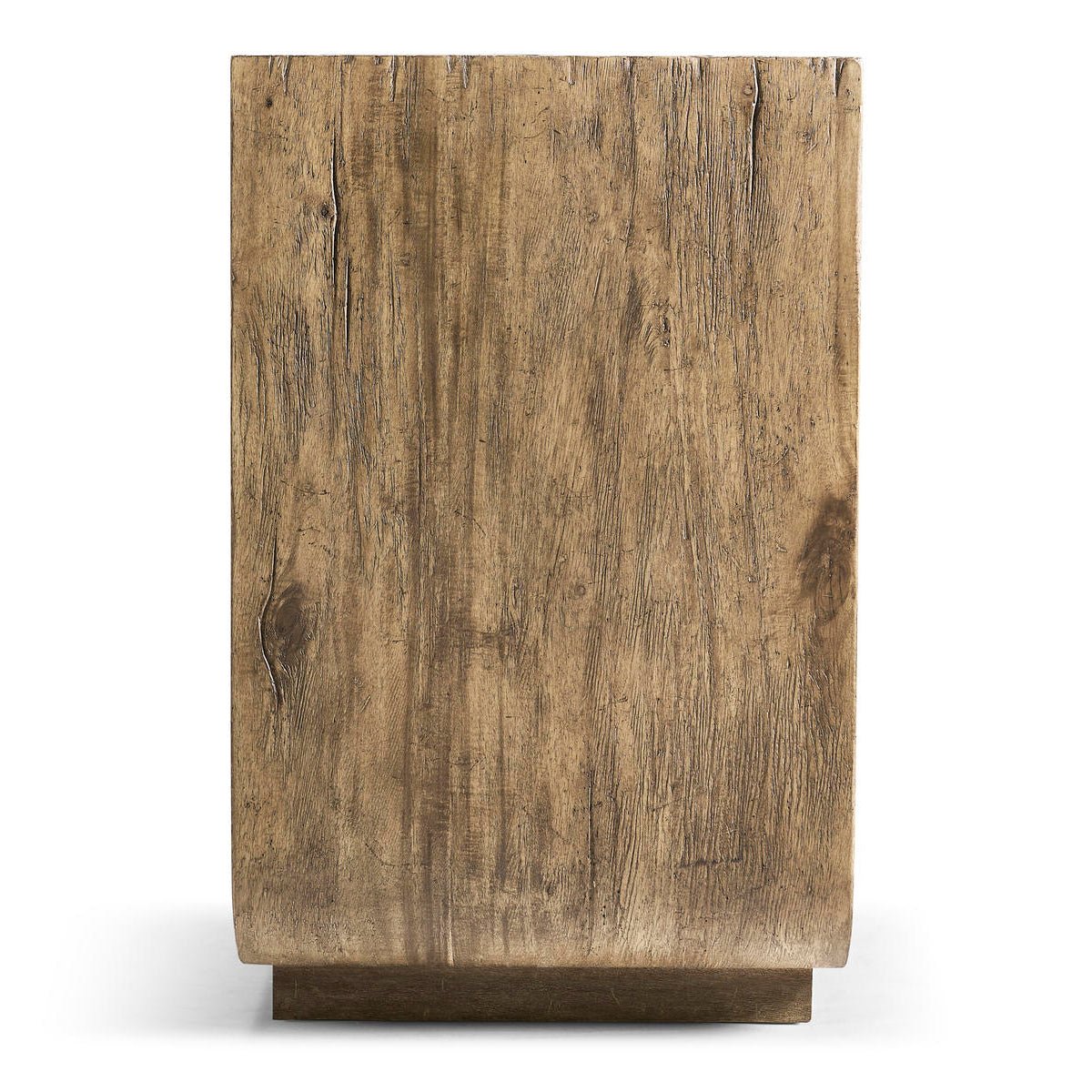 Side profile of rustic credenza, wood texture visible.
