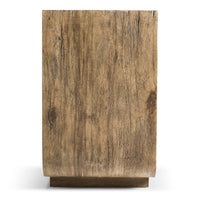 Side profile of rustic credenza, wood texture visible.