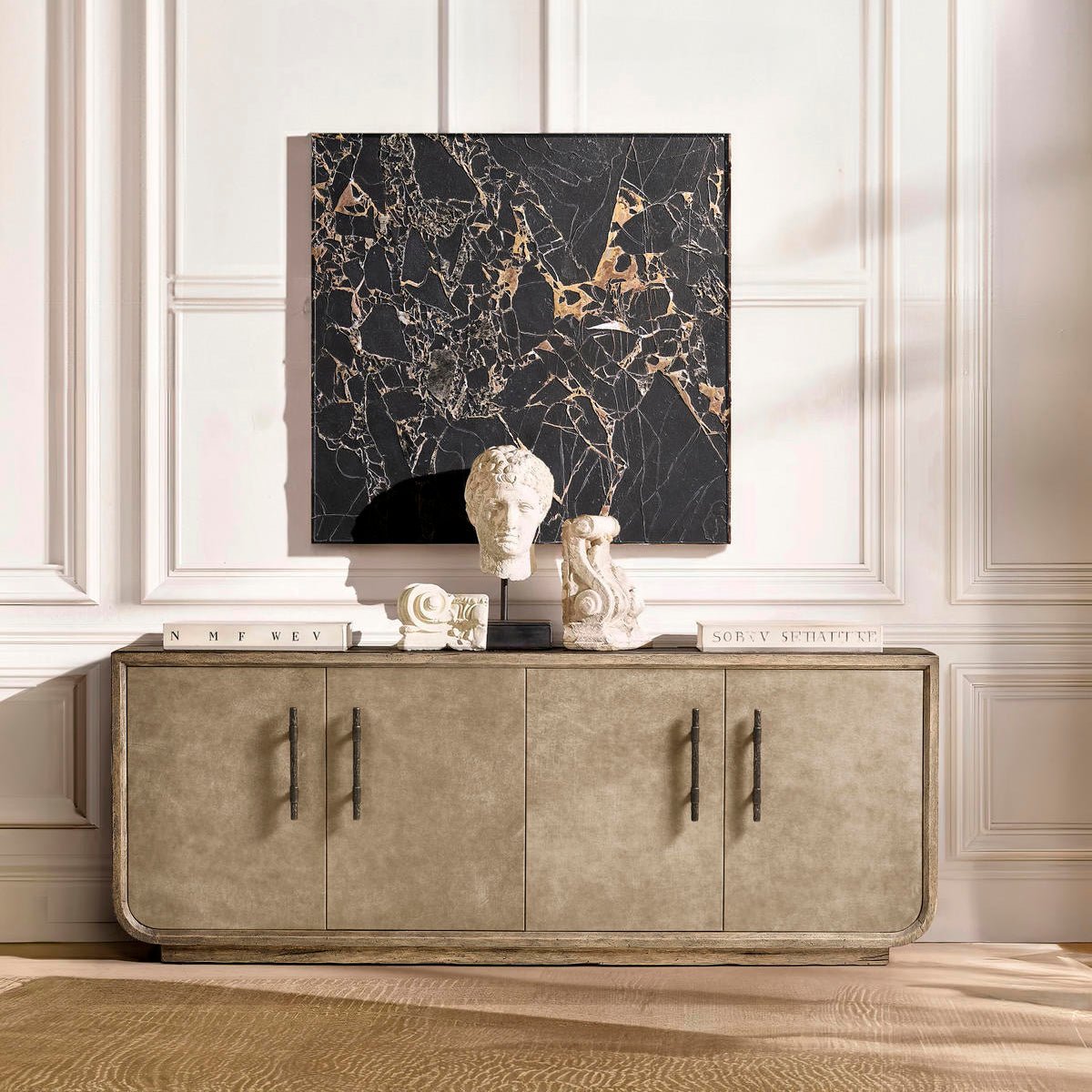 Credenza in room setting with decor, styled display.