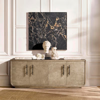 Credenza in room setting with decor, styled display.