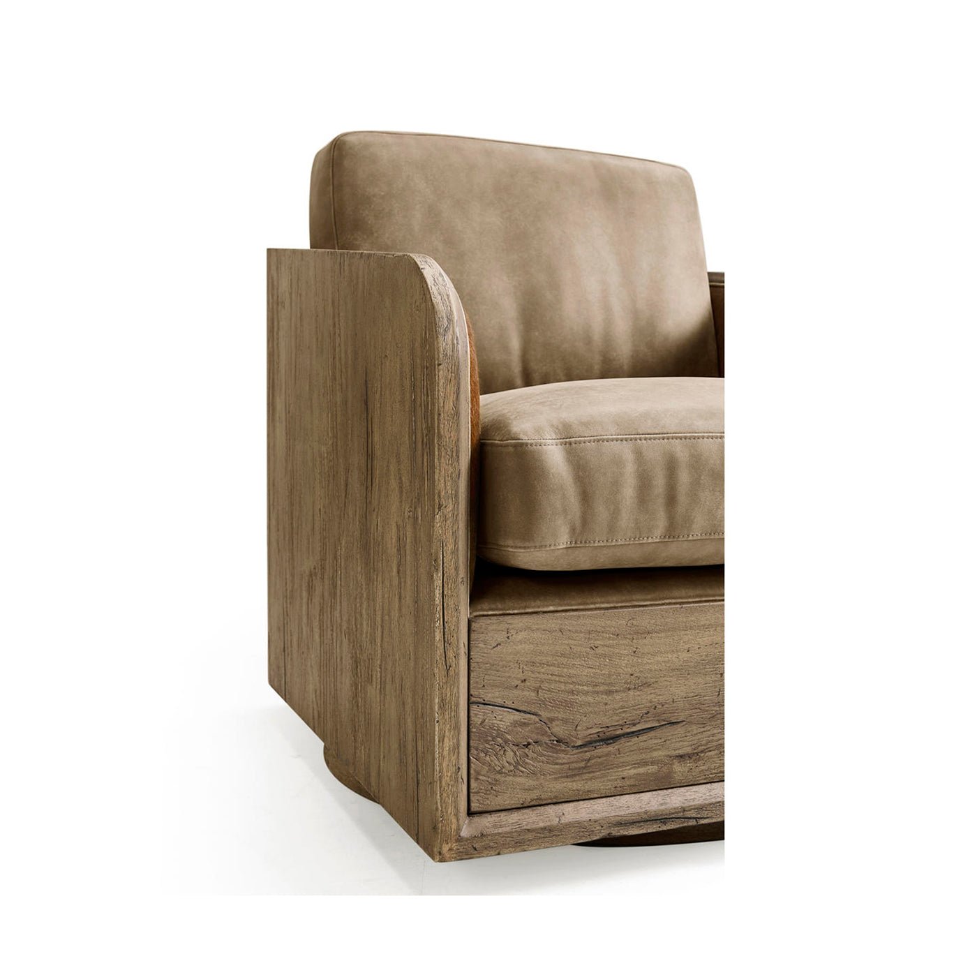 Side view of rustic leather armchair with wooden detail.
