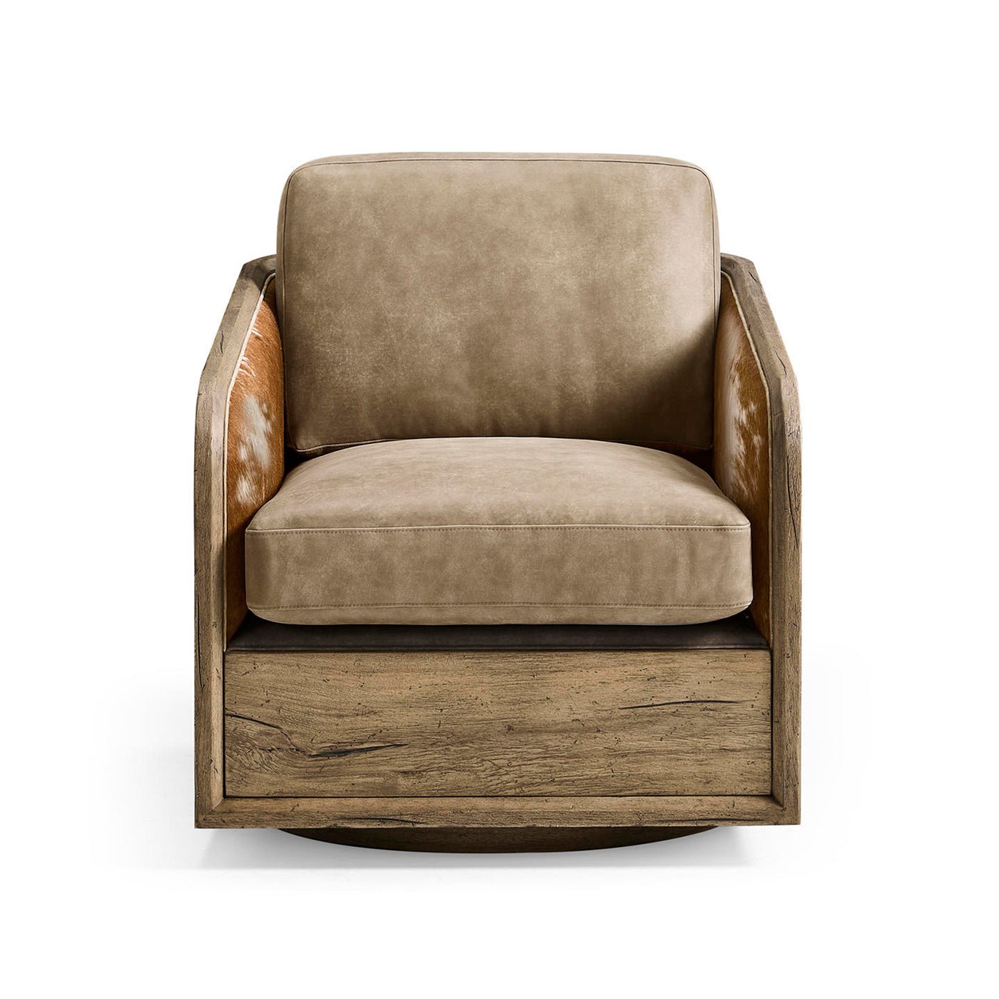 Front view of leather swivel armchair with cushion.