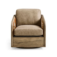 Front view of leather swivel armchair with cushion.