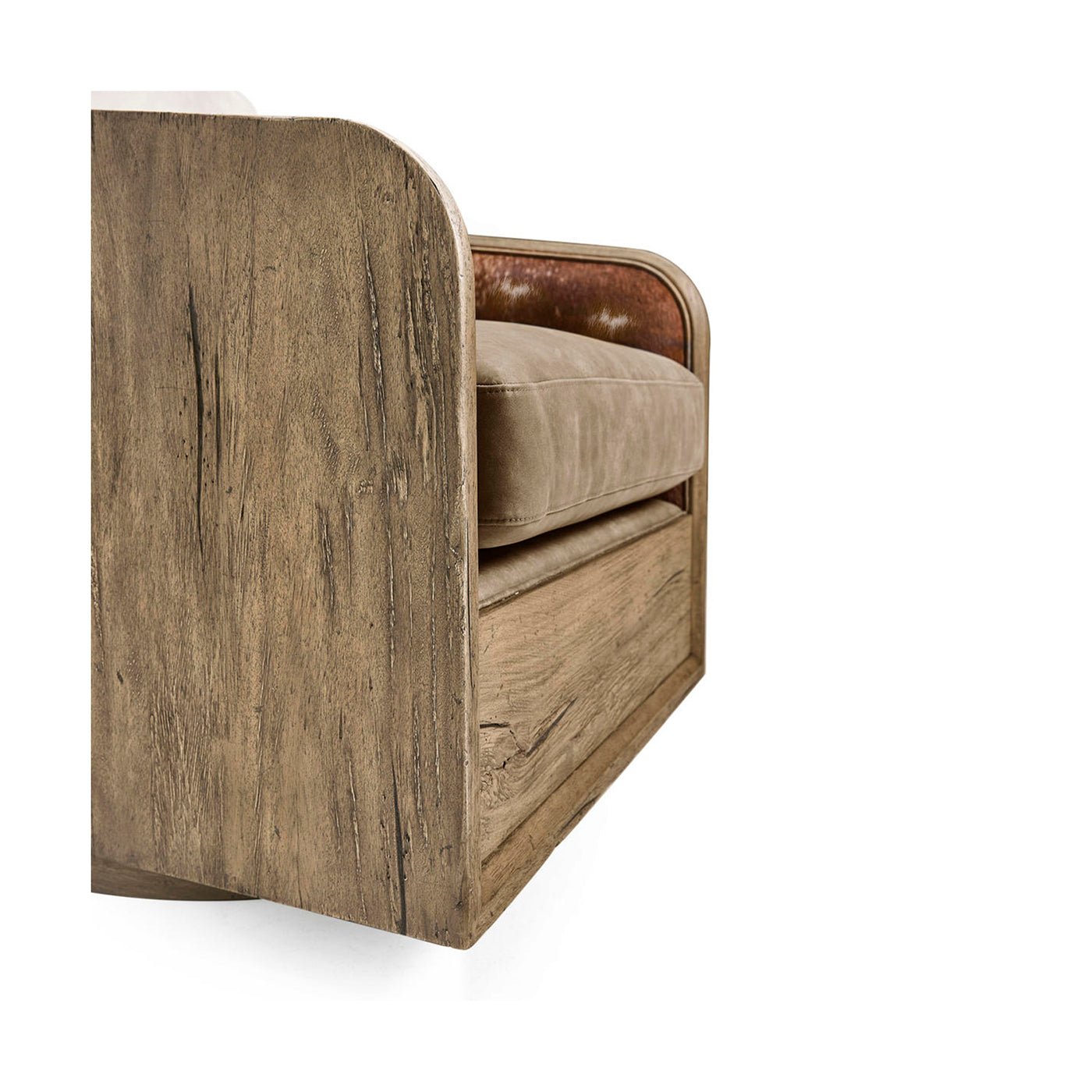 Close-up showing armchair's textured wooden side panel.