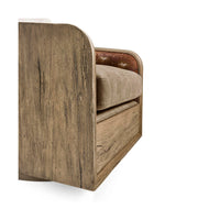 Close-up showing armchair's textured wooden side panel.