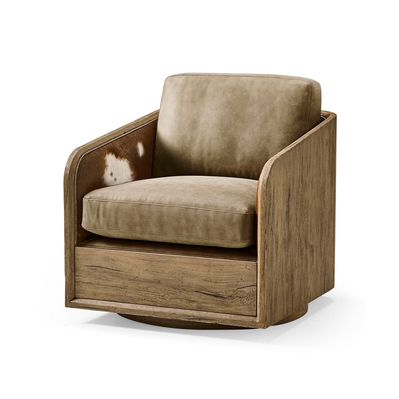 Rustic modern leather swivel armchair front view.