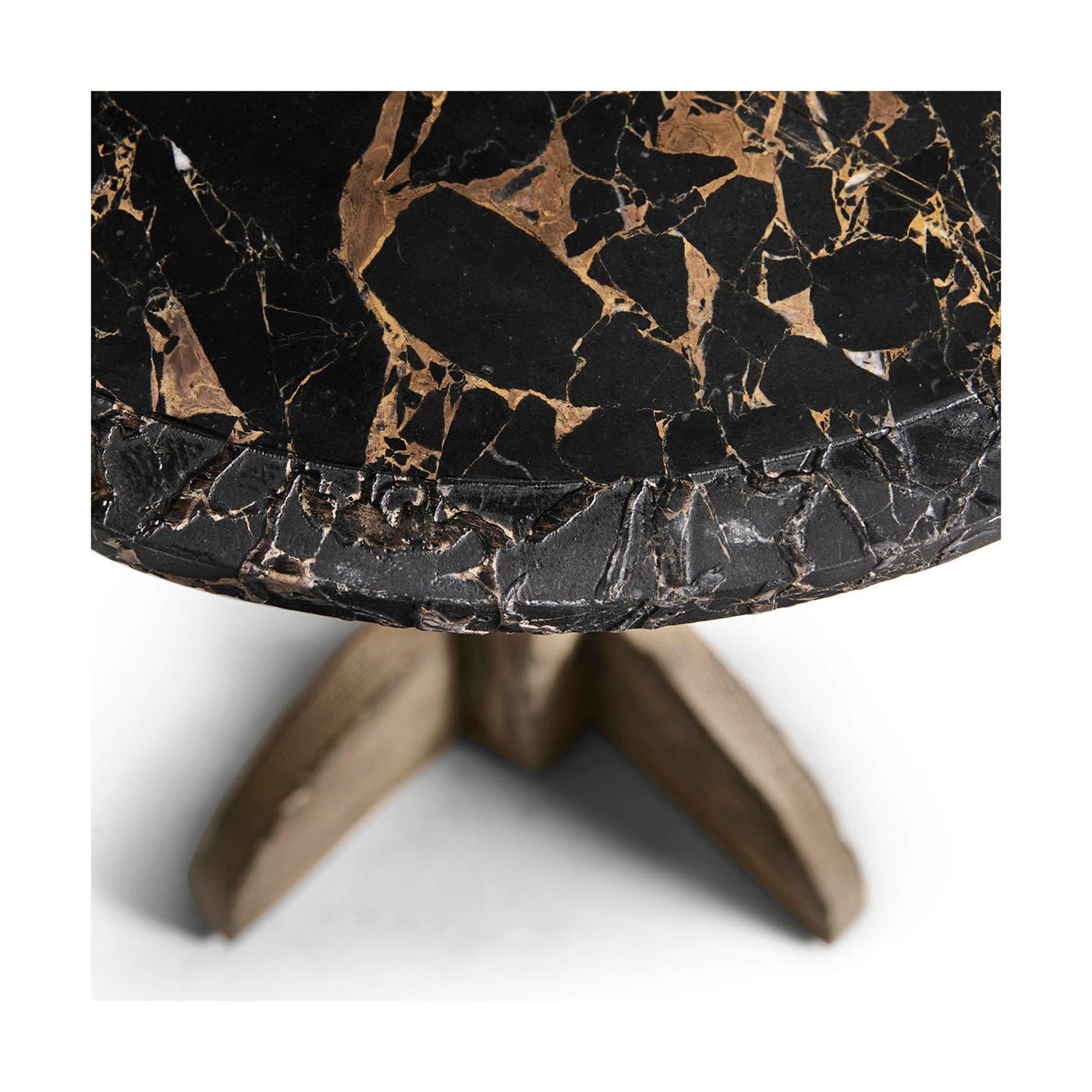 Close-up showing marble texture on the accent table edge.