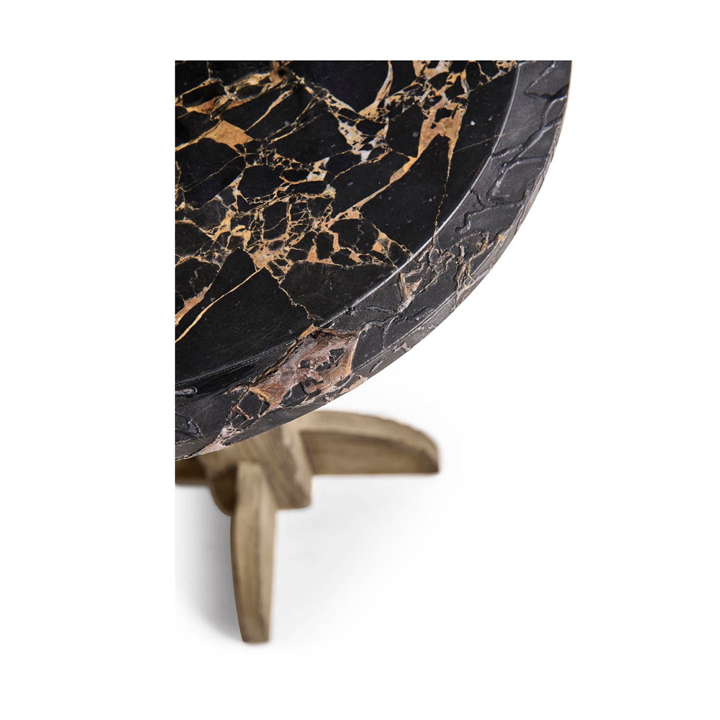 Angled view of tabletop highlighting marble design.