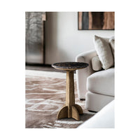 Marble top table next to white sofa in living room.