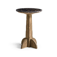 Rustic modern marble top pedestal accent table front view.