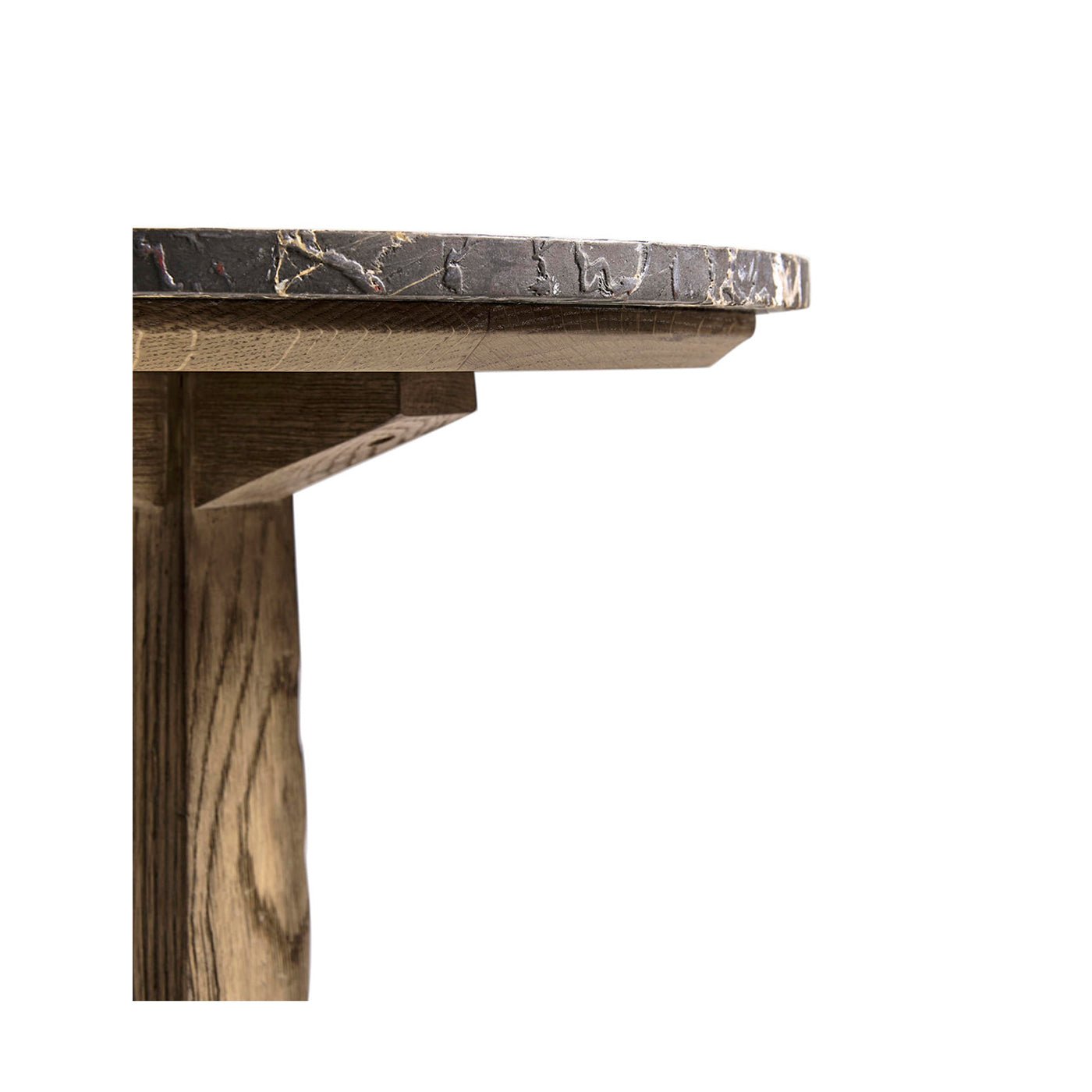 Side view showing detailed marble tabletop edge of table.