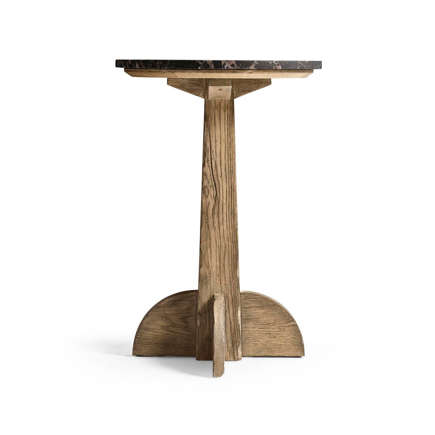 Full frontal view of rustic wood base accent table.