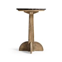 Full frontal view of rustic wood base accent table.