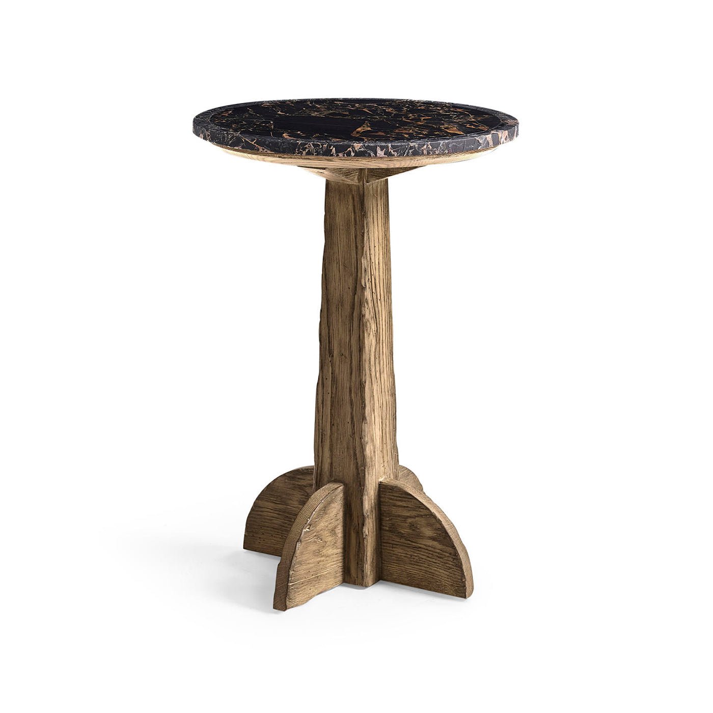 Rustic wood base marble accent table side perspective.