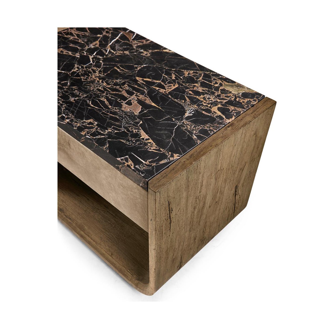 Side angle of rustic nightstand with marble top.
