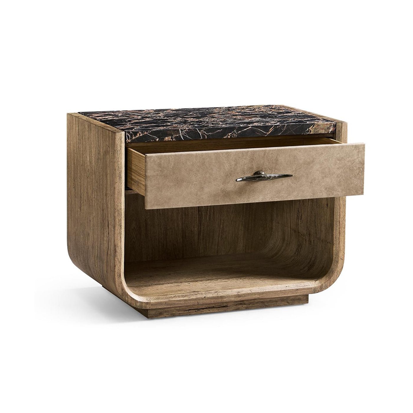 Rustic nightstand with partially opened drawer.