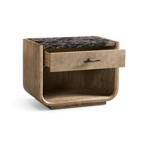 Rustic nightstand with partially opened drawer.