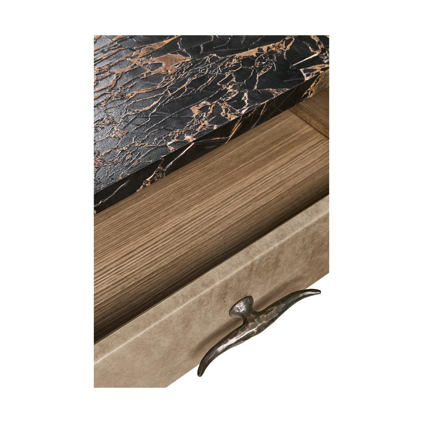 Inside drawer and marble top detail of nightstand.
