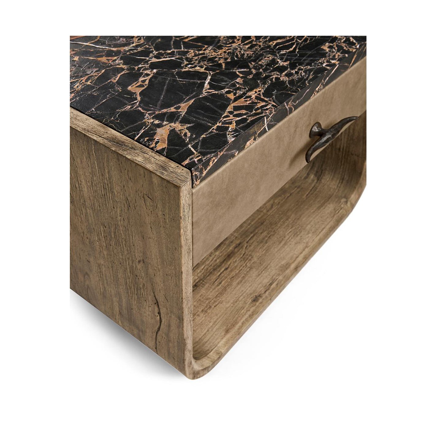 Corner detail of rustic nightstand with drawer.