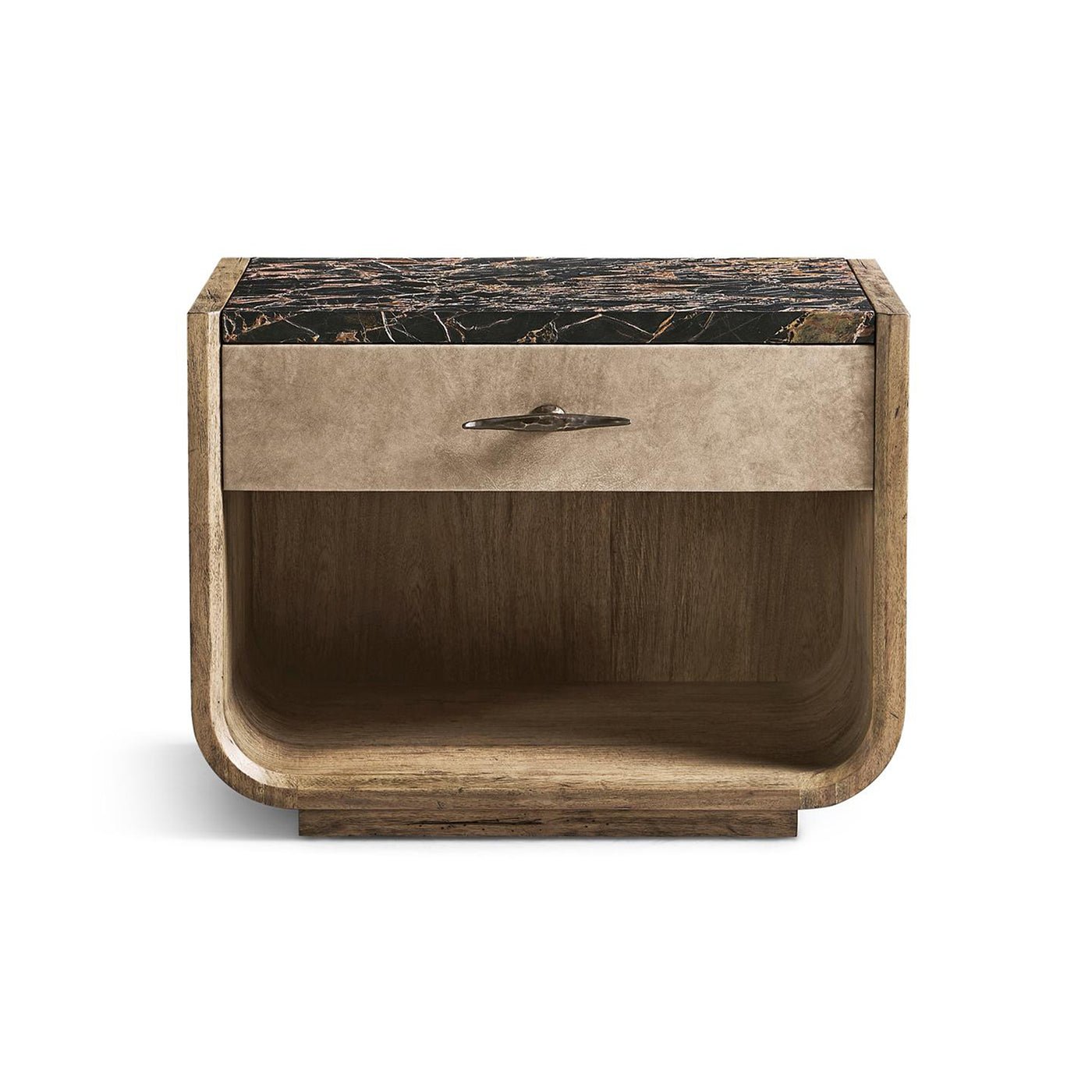 Front view of rustic nightstand with drawer.