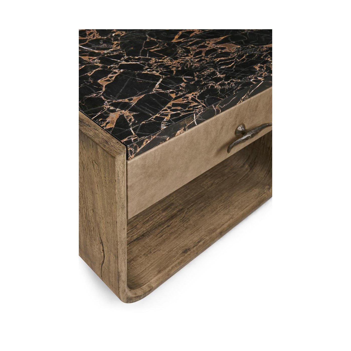 Marble top and open shelf of nightstand.