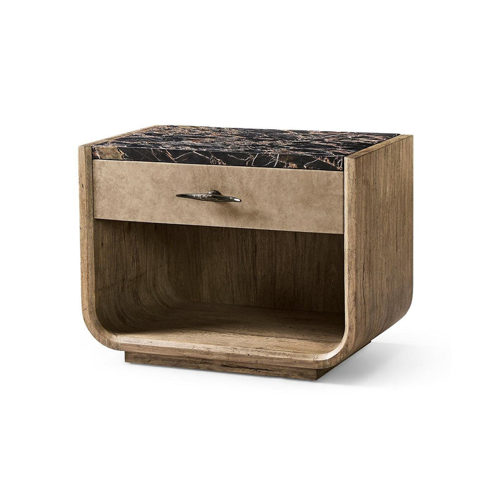 Rustic nightstand front view with marble top.